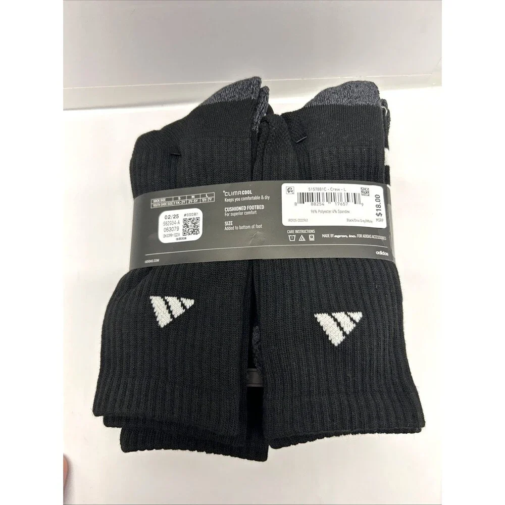 Adidas Youth Athletic Cushioned 6 Pack Crew Socks Black Large 5Y-7Y New